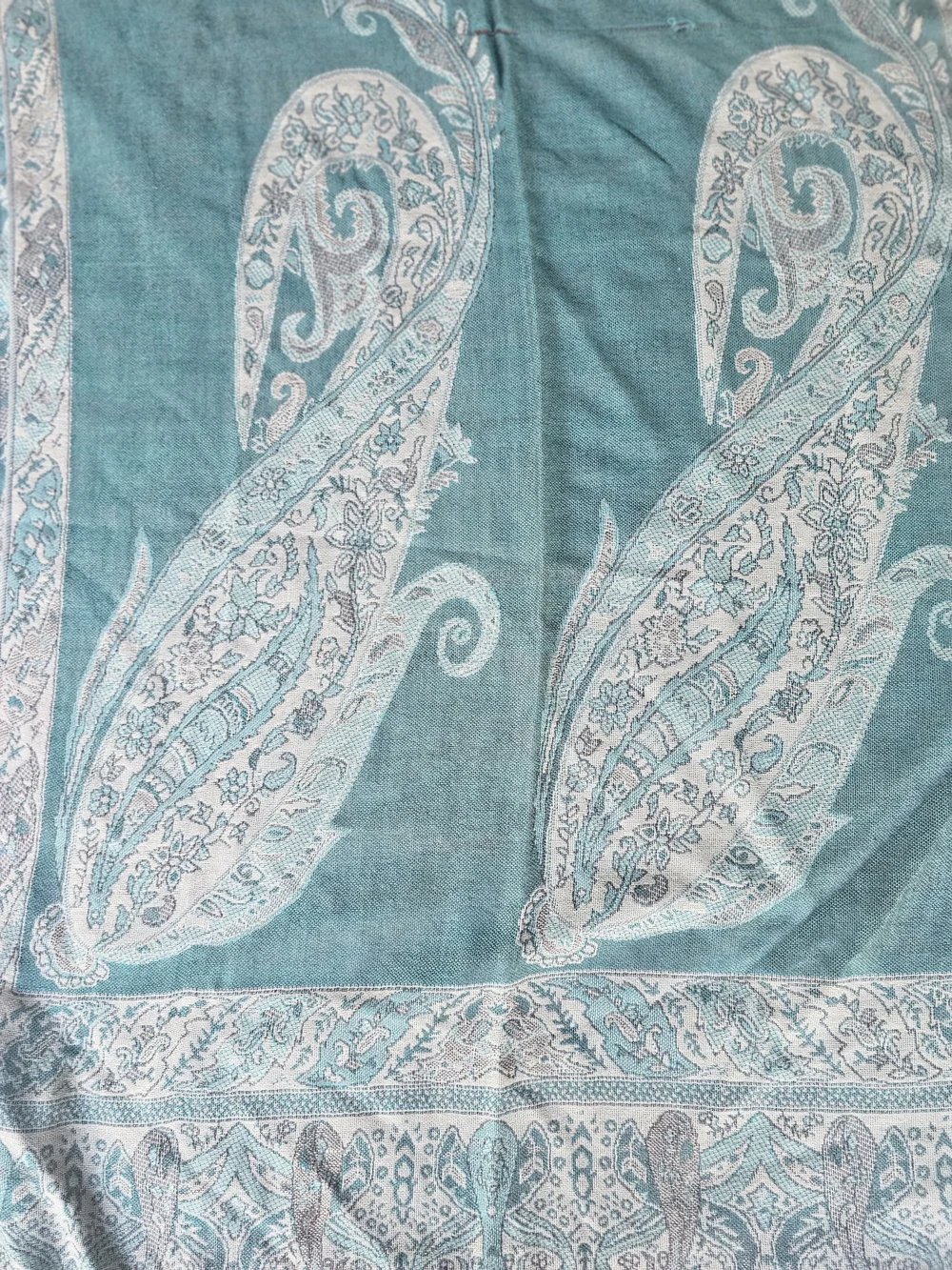 Teal Ivory Paisley Woven Fringe Rectangle Scarf Wrap Women Polyester Acrylic